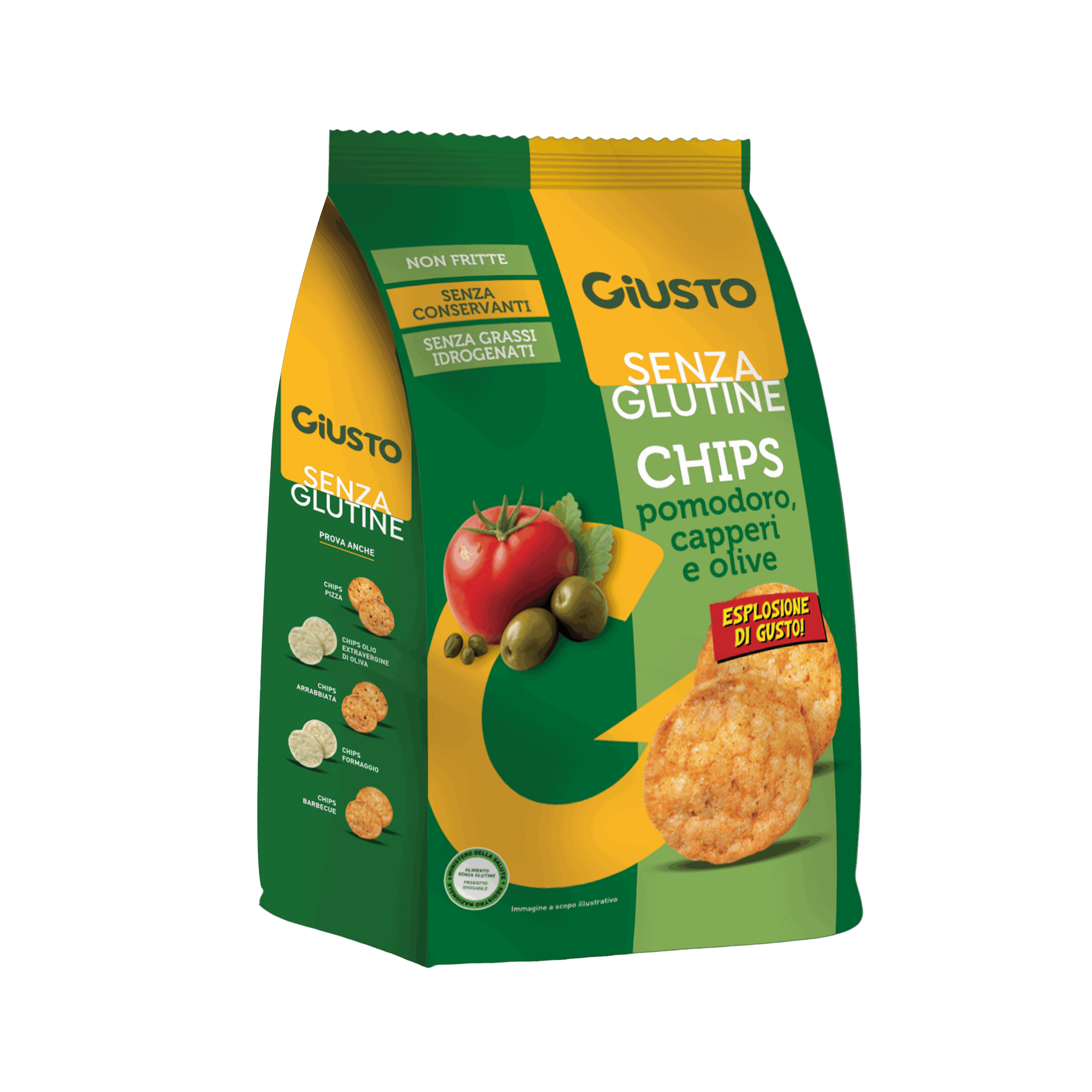 Scopri le chips Giusto senza glutine al gusto pomodoro, capperi e olive.